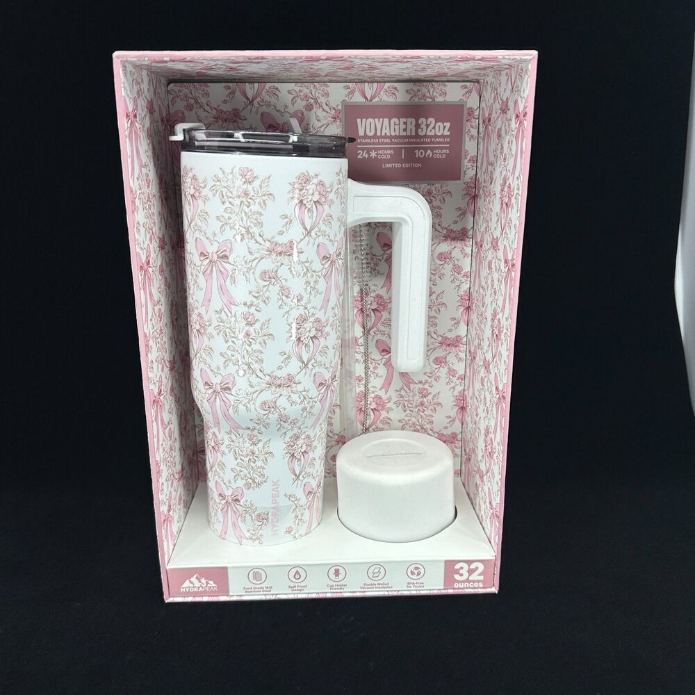 Hydrapeak Voyager BLUSH BAROQUE Floral Bows 32oz Stainless Insulated Tumbler NEW
